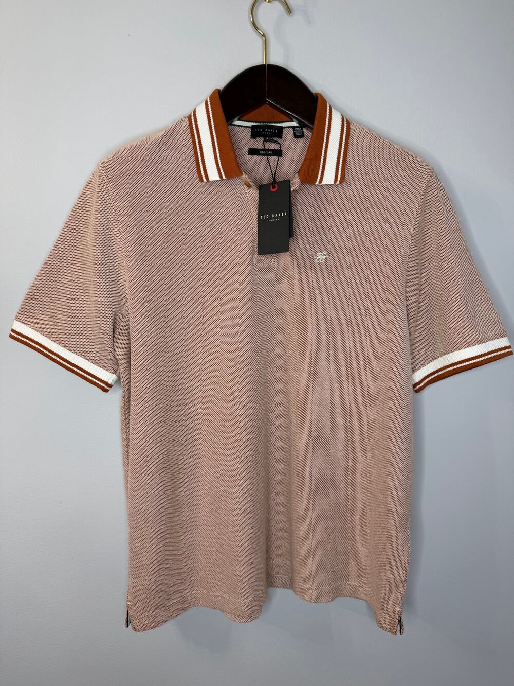 Ted Baker Phenes Textured Cotton Polo Shirt Stripe Trim Brown Men 4 US XXL - Picture 1 of 13